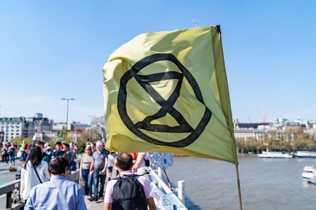 London, UK - April 19, 2019: Extinction Rebellion Protesters Flag on Waterloo Bridgeのeditorial素材