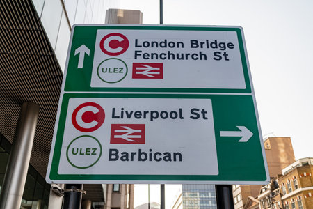 LONDON, UK - APRIL 1, 2019: Congestion Charge Sign, Subject ULEZ - Ultra Low Emission Zoneのeditorial素材