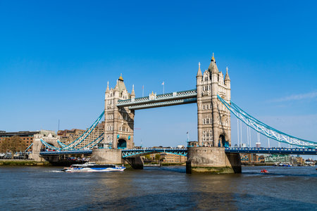 Tower Bridge in London, the UK. Daytime with beautiful clear sky. One of English symbols