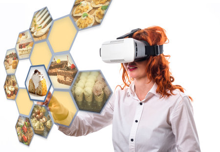 VR headset on a digital interface in restaurant touching a option, interacts with cyberspace, head shotの写真素材