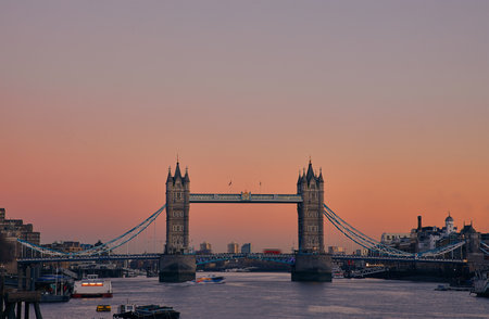Thames river with Iconic and most famous drawbridge, London, UKの写真素材