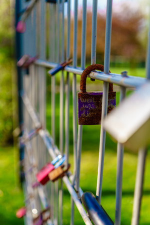 Love locks representing secure friendship and romanceの写真素材