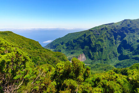 Portrait view of the mountains from the Mirador Enumeada viewpoint in mountains of Madeira, Portugal.の写真素材
