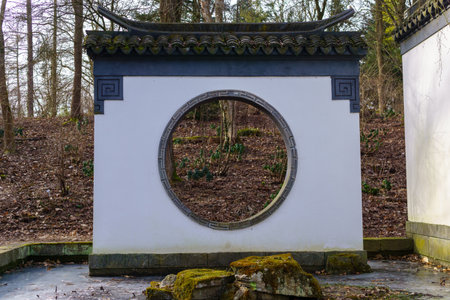 round window in china at chinese gardenの写真素材