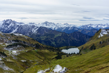 Lake Seealpsee in the mountain landscape of the Allgau Alps above of Oberstdorf, Germany.の写真素材
