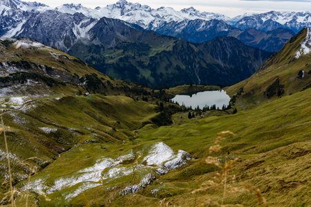 Lake Seealpsee in the mountain landscape of the Allgau Alps above of Oberstdorf, Germany.の写真素材