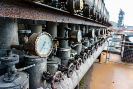 Old pressure gauge in a puffer. Engine room detail of a steam locomotive.の写真素材