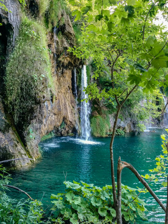 Waterfall Lake calm plitvice Croatia at summerの写真素材
