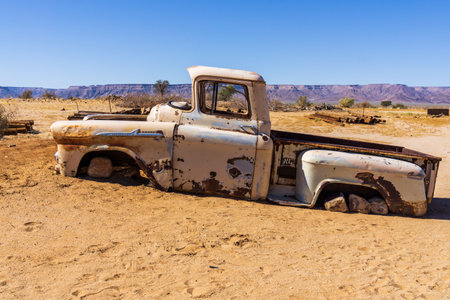 KARAS REGION, NAMIBIA - JULY 26, 2018: Old rusted car in the desert of Namibia at summerのeditorial素材
