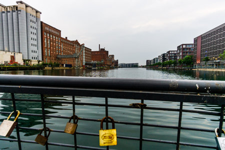 DUISBURG, GERMANY - 03 June 2017: Duisburg inner habor at blue hour with reflections North Rhine...