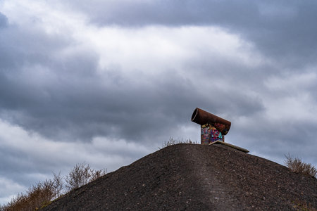 Abstract creative mountain with people sitting at the top during sunset - Halde Gelsenkirchen Germanyの写真素材