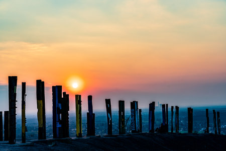 View over the Ruhr area with totem poles to Halde Hanielの写真素材