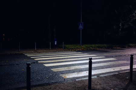City street with blurred cars and wet asphalt closeup of a white pedestrian cross overの写真素材
