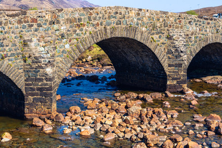 Aerial view over famous Sligachan Bridge on the Isle of Skyeの写真素材