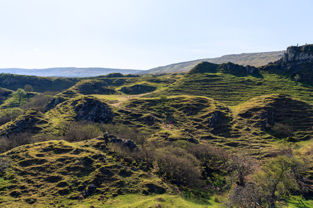 cone-shaped hills of the Fairy Glen, Scotland, UKの写真素材