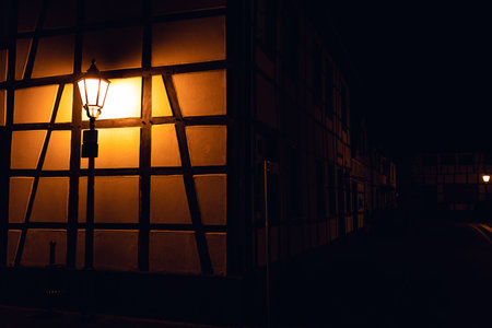 half-timbered house night lantern in herten germanyの写真素材