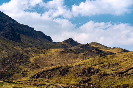 Girl Hiking the Old Man of Storr Isle Skye in Scotland UKの写真素材
