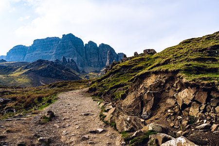 Trekking trail to Old Man of Storr view point, Isle of Skye, Scotlandの写真素材