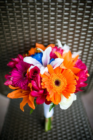 Wedding bouquet with Gerbera Daisies, Roses, Asiatic lilies, Stargazer lilies, and Gingerの写真素材