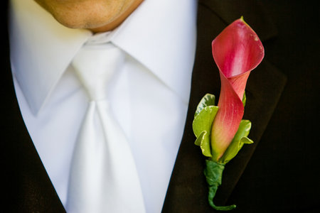 Groom wearing a red and green boutonniereの写真素材