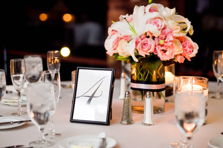 Centerpieces on a table at wedding reception