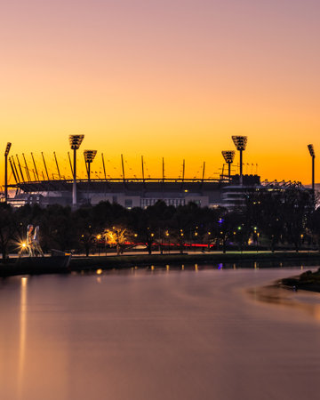 MELBOURNE, AUSTRALIA - 14 July 2018:  Melbourne Cricket Ground and Yarra River just before sunrise.のeditorial素材