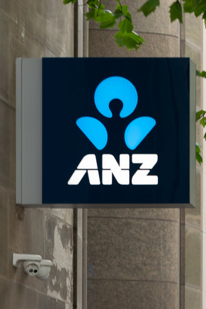 MELBOURNE, AUSTRALIA - 18 January 2020: Close up of the ANZ Bank logo outside a Melbourne branch