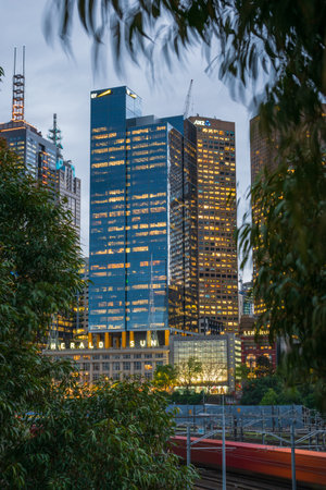 MELBOURNE, AUSTRALIA - 18 October 2019: The 108 Exhibition Building framed by trees.のeditorial素材