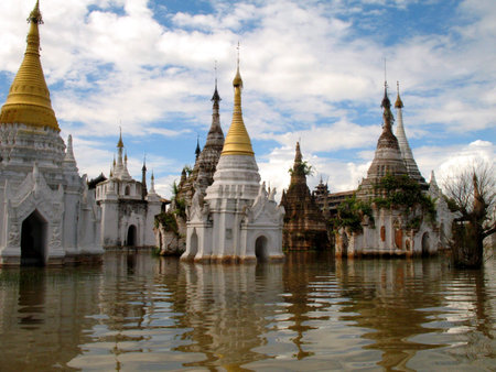 flooded temples, inle lake, burmaの写真素材