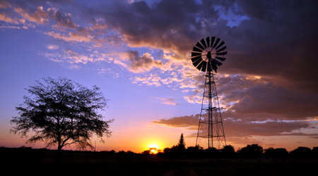 A windmill with skies and setting sun in the Namib Desert, Namibia, Africaの写真素材