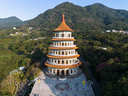 Aerial drone photo of Wuji Tianyuan Temple in Tamsui, New Taipei City, Taiwan with beautiful blue sky.のeditorial素材