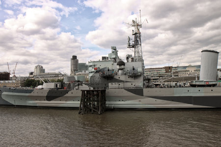 Battleship on river on Londonのeditorial素材