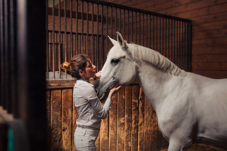 Girl jockey preparing her horse for riding in the stableの写真素材