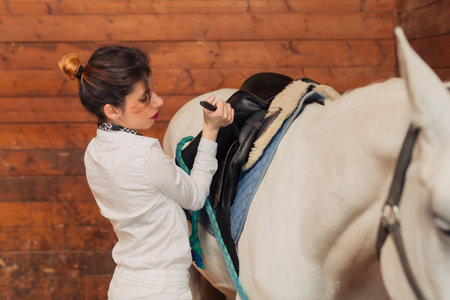 Girl jockey preparing her horse for riding in the stableの写真素材
