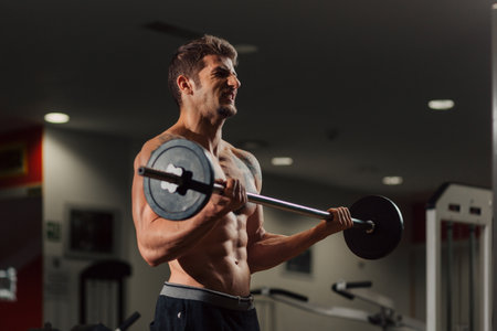 Very fit man in the gym doing biceps curl exerciseの写真素材