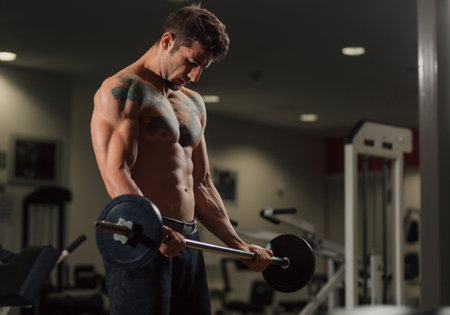Very fit man in the gym doing biceps curl exerciseの写真素材