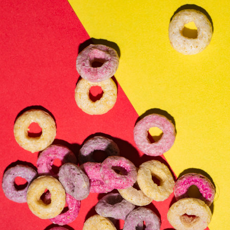 Colorful rings cereals over yellow and red backgroundの写真素材