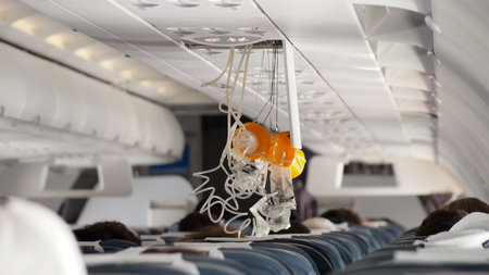 Oxygen Mask falling out in Airplane.の写真素材