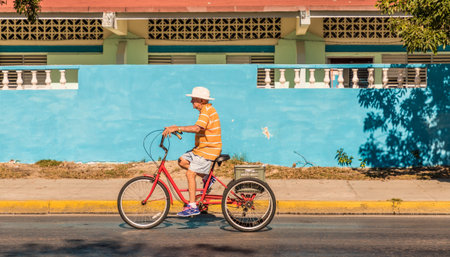 Varadero, Cuba. January 2018. A view of a cyclist , in Varadero cuba.のeditorial素材