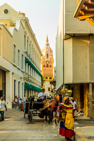 Cartagena, Colombia. April 2018. A view of a typical street scene in Cartagena, Colombia.のeditorial素材