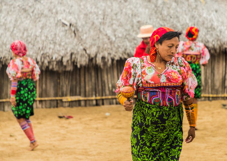 San blas islands, Panama. March 2018. A view of Kuna yala dancing a traditional dance in the san Blas Islands, Panama.のeditorial素材