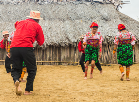 San blas islands, Panama. March 2018. A view of Kuna yala dancing a traditional dance in the san Blas Islands, Panama.のeditorial素材
