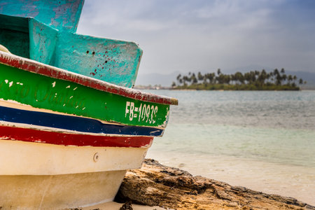 San blas islands, Panama. March 2018. A view of a boat in the sea in the san Blas Islands, Panama.のeditorial素材