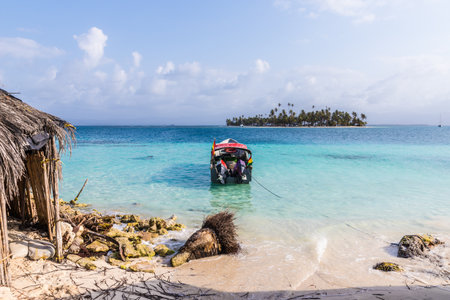 San blas islands, Panama. March 2018. A view of a boat in the sea in the san Blas Islands, Panama.のeditorial素材