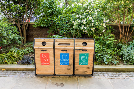 London. May 2018. A view of 3 recycling bins in the City of london.のeditorial素材