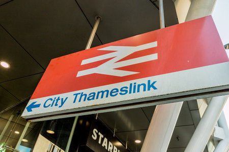 London. May 2018. A view of the city Thameslink rail sign in the City of london.