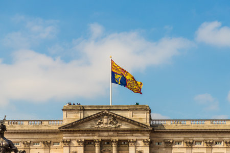 London. June 9 2018. A view of the raised royal standard flag flying above buckingham palace during the Queens birthday celebrations of Trooping the Colourのeditorial素材