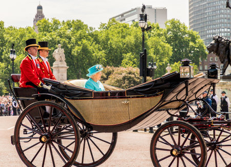 London. June 9 2018. A view of Queen Elizabath in a carriage during the Queens birthday celebrations of Trooping the Colourのeditorial素材