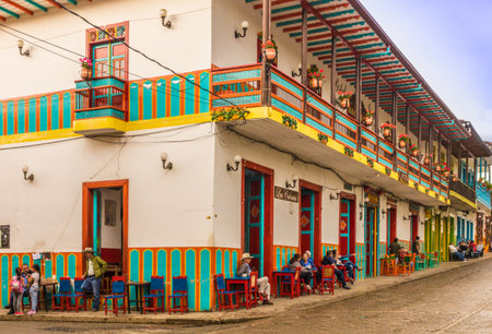 Jardin, Colombia. April 2018. A view of the colorful buildings in the main square in the picturesque town of Jardin in Colombia.のeditorial素材