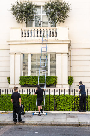 London. May 2018. A view of workmen cleaning an affluent and expensive home in Belgravia in Londonのeditorial素材
